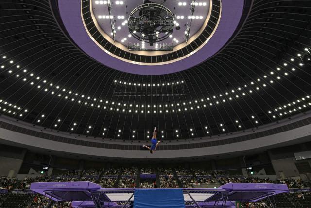 Japan's Yusei Matsumoto competes in a qualification heat of the men's trampoline gymnastics event during the 2026 Asian Games at the Nagoya City General Gymnasium in Nagoya, Aichi prefecture on September 27, 2026. (Photo by MOHD RASFAN / AFP)