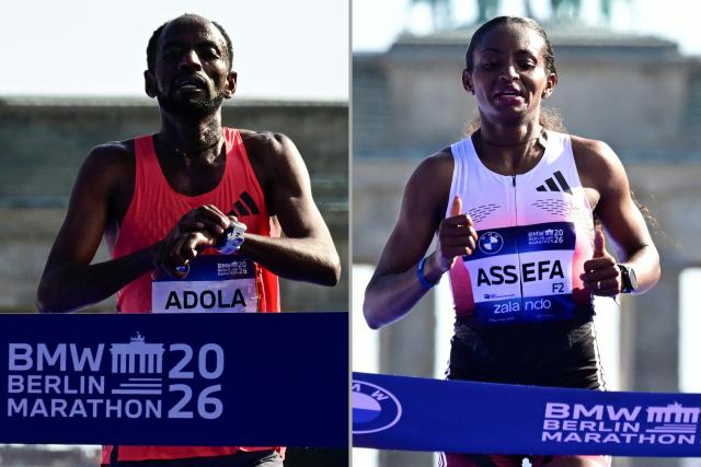 (COMBO) This combination of photo taken and created on September 27, 2026 shows Ethiopia's Guye Adola (L) crossing the finish line to win the men's race, and Ethiopia's Tigst Assefa crossing the finish line to win the women's race of 52nd Berlin Marathon in Berlin, Germany. Ethiopia's Guye Adola won the men's race, finishing the race in a time of 2:02:50. Ethiopian runner Tigst Assefa narrowly missed out on breaking the women's world record at the Berlin Marathon on September 27, crossing the finish line with an injury after being on record pace throughout. (Photo by John MACDOUGALL / AFP)