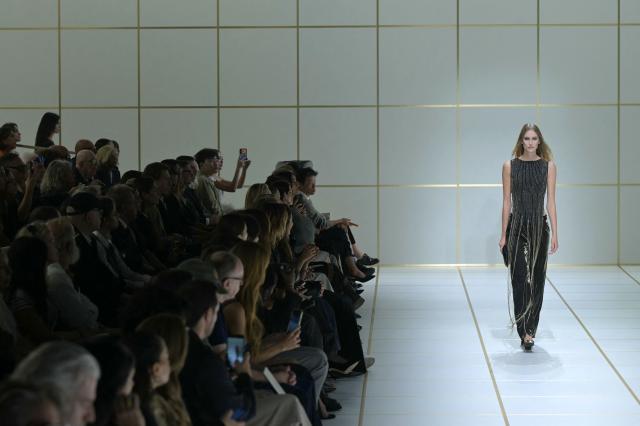 A model walks the runway during the Giorgio Armani collection show as part of Women's Spring/Summer 2027 Milan's fashion week, on September 27, 2026. (Photo by Stefano Rellandini / AFP)