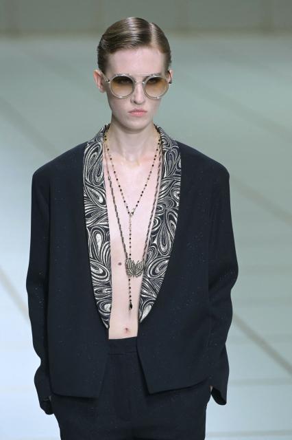 A model walks the runway during the Giorgio Armani collection show as part of Women's Spring/Summer 2027 Milan's fashion week, on September 27, 2026. (Photo by Stefano Rellandini / AFP)