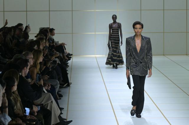 A model walks the runway during the Giorgio Armani collection show as part of Women's Spring/Summer 2027 Milan's fashion week, on September 27, 2026. (Photo by Stefano Rellandini / AFP)