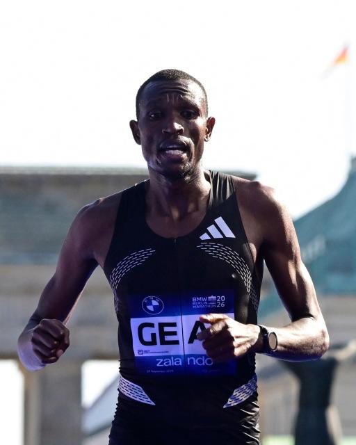 Tanzania's Gabriel Gerald Geay crosses the finish line to place third in the men's race of the 52nd Berlin Marathon in Berlin, Germany on September 27, 2026. (Photo by John MACDOUGALL / AFP)