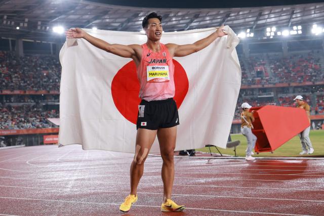 Japan's Yuma Maruyama celebrates winning the men's decathlon event after the 1500m race during the 2026 Asian Games at Nagoya City Mizuho Park Athletic Stadium in Nagoya, Aichi Prefecture on September 27, 2026. (Photo by DAVID GRAY / AFP)