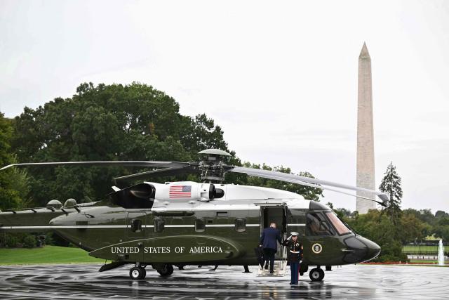 US President Donald Trump boards Marine One as he departs from the South Lawn of the White House in Washington, DC, on September 27, 2026. Trump is travelling to Chicago to attend the President's Cup closing ceremony. (Photo by Mandel NGAN / AFP)