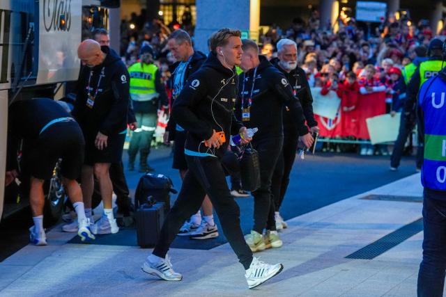 Norway's midfielder #10 Martin Odegaard arrives at the Ullevaal Stadium ahead the UEFA Nations League Group A4 football match between Norway and Portugal in Oslo on September 27, 2026. (Photo by Lise Åserud / NTB / AFP) / Norway OUT