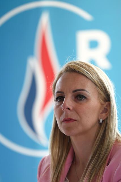 (FILES) Rassemblement National's MP Edwige Diaz looks on during a press conference in support of Rassemblement National's Mayoral candidate for Bordeaux and European deputy Julie Rechagneu ahead of France's upcoming municipal elections in Saint-Leon near Bordeaux, southwestern France on March 12, 2026. French MP of the far-right Rassemblement National (RN) group Edwige Diaz, was elected senator for Gironde, states to AFP on September 27, 2026. (Photo by ROMAIN PERROCHEAU / AFP)