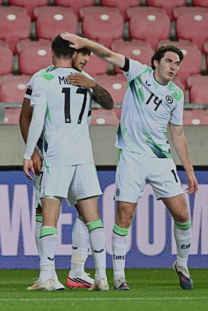 Ireland's forward #10 Adam Idah (Back) celebrates his 0-2 during the UEFA Nations League Group B3 between Israel and Republic of Ireland in Debrecen, Hungary on September 27, 2026. (Photo by Attila KISBENEDEK / AFP)