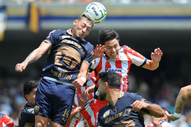 Pumas' forward #14 Luciano Herrera and San Luis' midfielder #21 Oscar Macias fight for the ball during the Liga MX Apertura tournament football match between Pumas and San Luis at the Olimpico Universitario stadium in Mexico City on September 27, 2026. (Photo by Victor CRUZ / AFP)