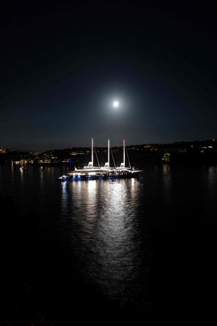 This photograph shows the Orient Express Corinthian, the world's largest sailing yacht, in the Villefranche-sur-Mer bay in Nice, southern France, on September 27, 2026. (Photo by Valery HACHE / AFP)