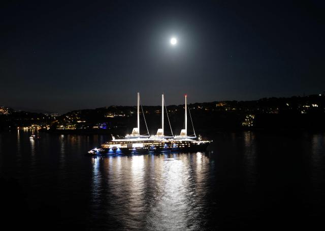 This photograph shows the Orient Express Corinthian, the world's largest sailing yacht, in the Villefranche-sur-Mer bay in Nice, southern France, on September 27, 2026. (Photo by Valery HACHE / AFP)
