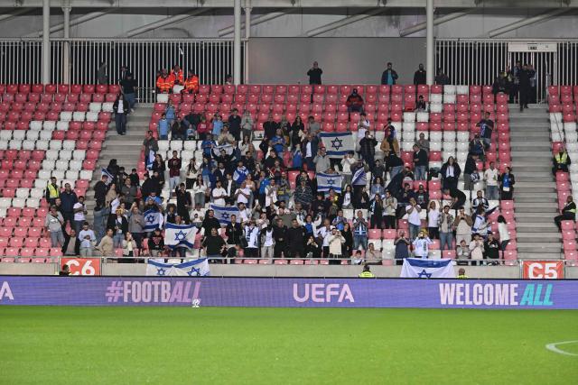 Israel fans cheer prior to the UEFA Nations League Group B3 between Israel and Republic of Ireland in Debrecen, Hungary on September 27, 2026. (Photo by Attila KISBENEDEK / AFP)