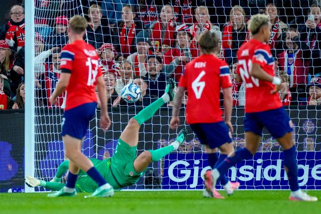 Portugal's forward #11 Joao Felix (unseen) scores the 0-1 during the UEFA Nations League Group A4 football match between Norway and Portugal in Oslo on September 27, 2026. (Photo by Cornelius Poppe / NTB / AFP) / Norway OUT