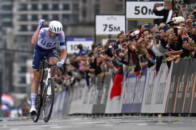 The United States' Brandon McNulty celebrates winning the Men Elite Road Race during the 2026 Union Cycliste Internationale (UCI) Road World Championships in Montreal, Quebec, on September 27, 2026. (Photo by Andrej Ivanov / AFP)