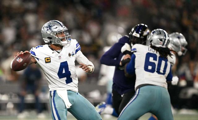 Dallas Cowboys' quarterback #04 Dak Prescott pass the ball during the NFL match between the Dallas Cowboys and the Baltimore Ravens at the Maracana Stadium in Rio de Janeiro, Brazil, on September 27, 2026. (Photo by MAURO PIMENTEL / AFP)