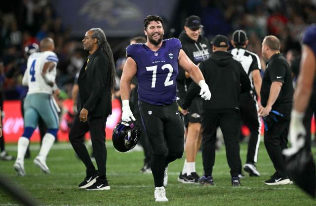 Dallas Cowboys' center #72 Matt Hennessy smiles after winning the NFL match between the Dallas Cowboys and the Baltimore Ravens at the Maracana Stadium in Rio de Janeiro, Brazil, on September 27, 2026. (Photo by MAURO PIMENTEL / AFP)