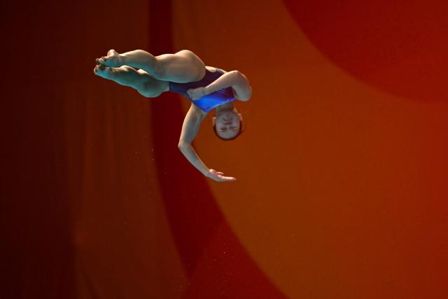 TOPSHOT - China's Lin Shan competes in the women's 1m springboard final diving event during the 2026 Asian Games at the Tokyo Aquatics Centre in Tokyo on September 28, 2026. (Photo by ANDREW CABALLERO-REYNOLDS / AFP)