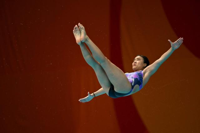Hong Kong's Ka Sin Leung competes in the women's 1m springboard final diving event during the 2026 Asian Games at the Tokyo Aquatics Centre in Tokyo on September 28, 2026. (Photo by ANDREW CABALLERO-REYNOLDS / AFP)