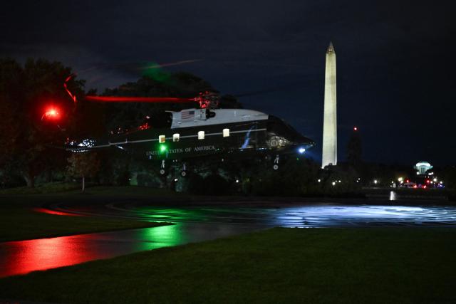 Marine One lands on the South Lawn of the White House in Washington, DC, on September 27, 2026. US President Donald Trump is returning from Chicago where he attended the President's Cup closing ceremony. (Photo by Mandel NGAN / AFP)