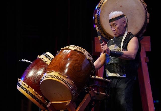 Taiko artist Kenny Endo performs during “Honouliuli: A History Awakened,” a benefit commemorating the 80th anniversary of the closure of the Honouliuli Internment Camp, in Honolulu, Hawaii, on September 27, 2026. The Honouliuli Interment Camp, Hawaii's largest and longest-operating Japanese interment camp, closed in 1946. (Photo by Michelle Bir / AFP)