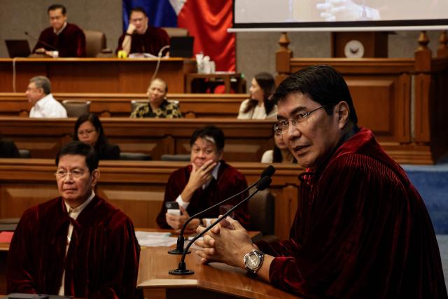 Senator judge Erwin Tulfo (R) speaks during the impeachment trial of Philippine Vice President Sara Duterte at the Philippine Senate in Pasay City, Metro Manila, on September 28, 2026. (Photo by Rolex DELA PENA / POOL / AFP)