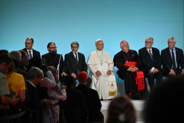 (From 3rd L) Chief Rabbi of France Haim Korsia, Pope Leo XIV, French archbishop Jean-Marc Aveline, and Franco-Algerian lawyer and Rector of Paris' Grand Mosque Chems-eddine Hafiz, sit with other religious leader at the start of an interfaith meeting at the Robert Schuman Conference Centre in Metz, northeastern France, on September 28, 2026 on the last day of the Pope visit to France. (Photo by Alberto PIZZOLI / AFP)