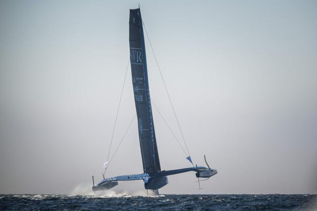 French skipper Tom Laperche sails his Ultim multihull SVR - Lazartigue during the 24H Ultim event ahead of the Route du Rhum solo sailing race in the Atlantic Ocean off Lorient, western France, on September 25, 2026. The Transatlantic Route du Rhum solo sailing race from Saint-Malo in western France to Pointe-a-Pitre in the French overseas island of Guadeloupe is scheduled to depart on November 1, 2026. (Photo by Loic VENANCE / AFP)