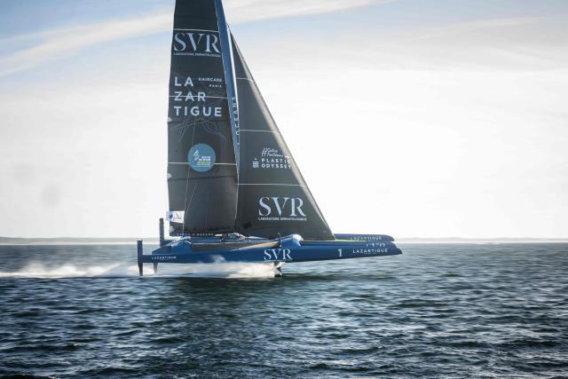 French skipper Tom Laperche sails his Ultim multihull SVR - Lazartigue during the 24H Ultim event ahead of the Route du Rhum solo sailing race in the Atlantic Ocean off Lorient, western France, on September 25, 2026. The Transatlantic Route du Rhum solo sailing race from Saint-Malo in western France to Pointe-a-Pitre in the French overseas island of Guadeloupe is scheduled to depart on November 1, 2026. (Photo by Loic VENANCE / AFP)