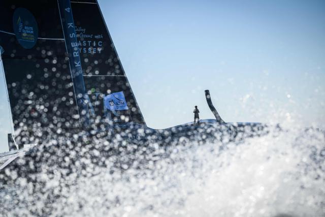 French skipper Tom Laperche sails his Ultim multihull SVR - Lazartigue during the 24H Ultim event ahead of the Route du Rhum solo sailing race in the Atlantic Ocean off Lorient, western France, on September 25, 2026. The Transatlantic Route du Rhum solo sailing race from Saint-Malo in western France to Pointe-a-Pitre in the French overseas island of Guadeloupe is scheduled to depart on November 1, 2026. (Photo by Loic VENANCE / AFP)