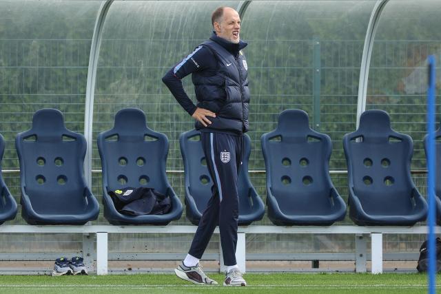 England's German head coach Thomas Tuchel reacts as he stands up before a training session at Tottenham Hotspur's training ground in Enfield, north London on September 28, 2026, on the eve of their UEFA Nations League group stage football match against the Czech Republic. (Photo by Adrian Dennis / AFP)