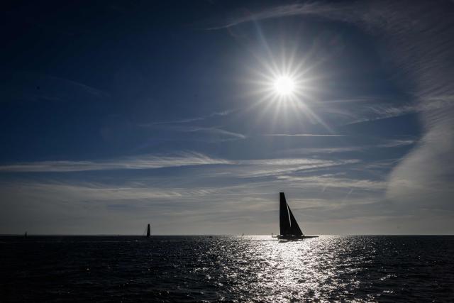 French skipper Tom Laperche sails his Ultim multihull SVR - Lazartigue during the 24H Ultim event ahead of the Route du Rhum solo sailing race in the Atlantic Ocean off Lorient, western France, on September 25, 2026. The Transatlantic Route du Rhum solo sailing race from Saint-Malo in western France to Pointe-a-Pitre in the French overseas island of Guadeloupe is scheduled to depart on November 1, 2026. (Photo by Loic VENANCE / AFP)