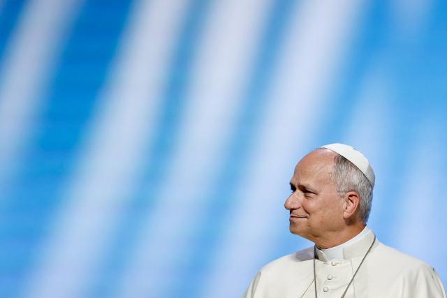 Pope Leo XIV listens to a speech during a meeting called "At the Roots of Europe: For Peace and Unity" at the Robert Schuman Conference Centre in Metz, northeastern France, on September 28, 2026 on the last day of his visit to France. (Photo by Benoit Tessier / POOL / AFP)