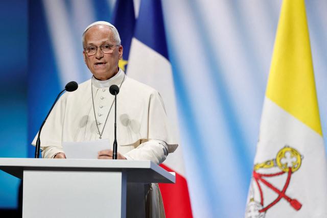 Pope Leo XIV delivers a speech during a meeting called "At the Roots of Europe: For Peace and Unity" at the Robert Schuman Conference Centre in Metz, northeastern France, on September 28, 2026 on the last day of his visit to France. (Photo by Benoit Tessier / POOL / AFP)