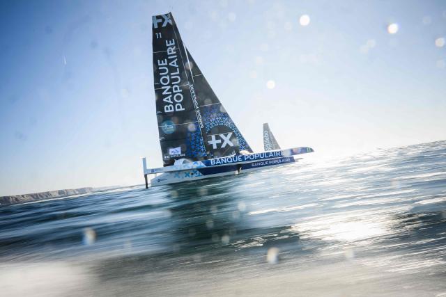 French skipper Armel Le Cleac'h sails his Ultim multihull Banque Populaire during the  24H Ultim event ahead of the Route du Rhum solo sailing race in the Atlantic Ocean off Lorient, western France, on September 25, 2026. The Transatlantic Route du Rhum solo sailing race from Saint-Malo in western France to Pointe-a-Pitre in the French overseas island of Guadeloupe is scheduled to depart on November 1, 2026. (Photo by Loic VENANCE / AFP)