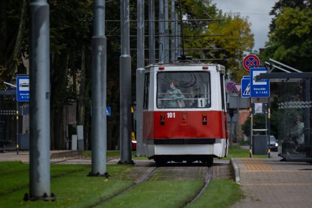 A tram travels along a street in the centre of Daugavpils, Latvia, on September 24, 2026, ahead of the country's parliamentary elections on October 3. Latvia goes to the polls for parliamentary elections on October 3, 2026. (Photo by Wojtek RADWANSKI / AFP)