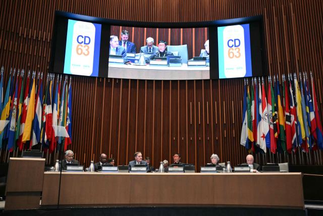 Barbados Energy Minister Lisa Cummins (C) speaks during the opening session of the 63rd Directing Council of the Pan American Health Organization (PAHO) at PAHO headquarters in Washington, DC, on September 28, 2026. (Photo by Mandel NGAN / AFP)