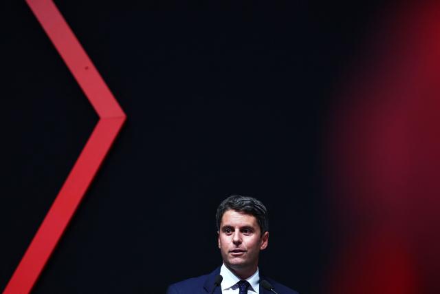 Centre-right party Renaissance candidate in France's 2027 presidential election Gabriel Attal takes part in "Le Grand Oral" of the Paris Builders Show, in which candidates in France's 2027 presidential election present their proposals for the construction and housing sector, during the Batimat trade show at the Porte de Versailles exhibition centre in Paris, on September 28, 2026. (Photo by Anne-Christine POUJOULAT / AFP)