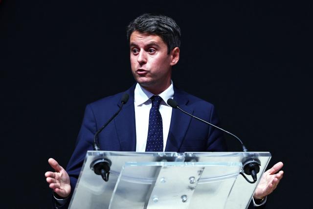 Centre-right party Renaissance candidate in France's 2027 presidential election Gabriel Attal takes part in "Le Grand Oral" of the Paris Builders Show, in which candidates in France's 2027 presidential election present their proposals for the construction and housing sector, during the Batimat trade show at the Porte de Versailles exhibition centre in Paris, on September 28, 2026. (Photo by Anne-Christine POUJOULAT / AFP)