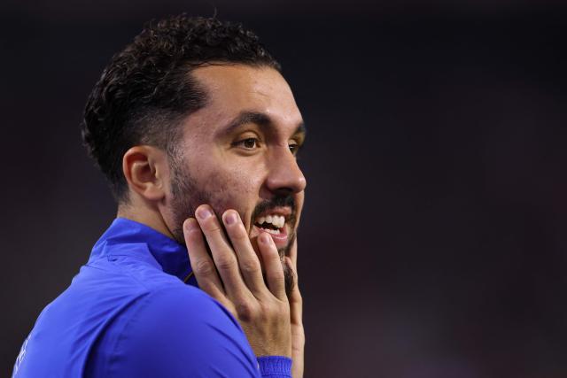 France's midfielder #09 Rayan Cherki reacts as he warms up ahead of the UEFA Nations League Group A1 football match between Belgium and France at King Baudouin Stadium in Brussels on September 28, 2026. (Photo by FRANCK FIFE / AFP)