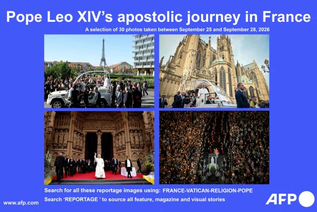 AFP presents a selection of 30 photos taken between September 25 and 28, 2026 of Pope Leo XIV during his visit to France.
Search for all these reportage images using: FRANCE-VATICAN-RELIGION-POPE-VISUAL STORY-REPORTAGE (Photo by AFP)