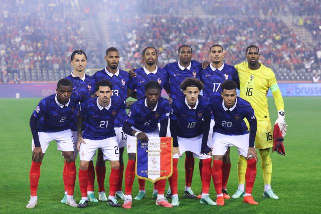 France's players pose ahead of the UEFA Nations League Group A1 football match between Belgium and France at King Baudouin Stadium in Brussels on September 28, 2026. (Photo by FRANCK FIFE / AFP)