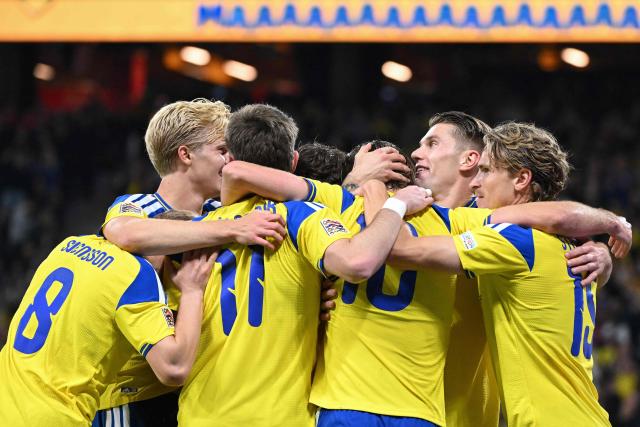 Sweden's forward #10 Benjamin Nygren (3rd R) celebrates scoring the opening goal with his teammates during the UEFA Nations League Group B4 between Sweden and Poland at the Strawberry Arena in Solna on September 28, 2026. (Photo by Jonathan Nackstrand / AFP)