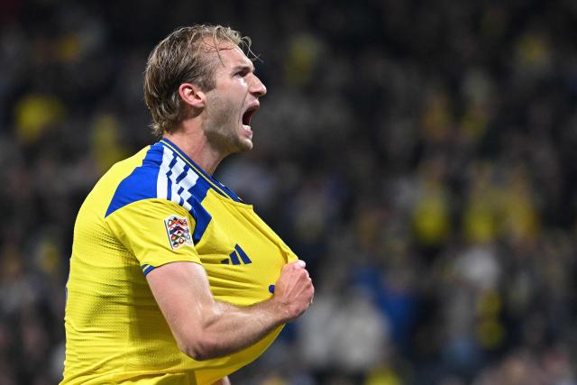 Sweden's forward #10 Benjamin Nygren celebrates scoring the opening goal during the UEFA Nations League Group B4 between Sweden and Poland at the Strawberry Arena in Solna on September 28, 2026. (Photo by Jonathan Nackstrand / AFP)