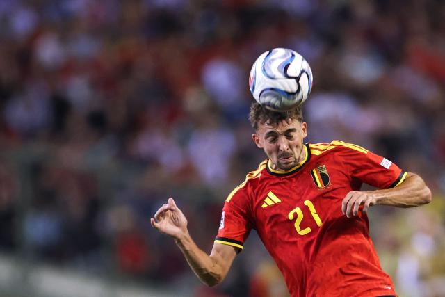 Belgium's defender #21 Timothy Castagne heads the ball during the UEFA Nations League Group A1 football match between Belgium and France at King Baudouin Stadium in Brussels on September 28, 2026. (Photo by FRANCK FIFE / AFP)