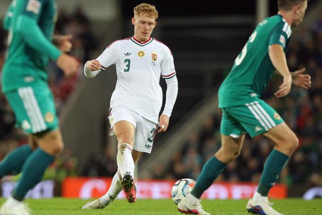 Hungary's defender #03 Mark Csinger passes the ball during the UEFA Nations League, League B, Group 2 match between Northern Ireland and Hungary at Windsor Park in Belfast, Northern Ireland on September 28, 2026. (Photo by Paul Faith / AFP)
