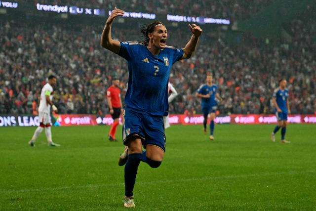 Italy's forward #07 Pio Esposito celebrates scoring his team's fourth goal during the UEFA Nations League football match (League A, Group A1) between Turkey and Italy at the Ataturk Sports Complex Matl? Stadium in Bursa on September 28, 2026. (Photo by Ozan KOSE / AFP)