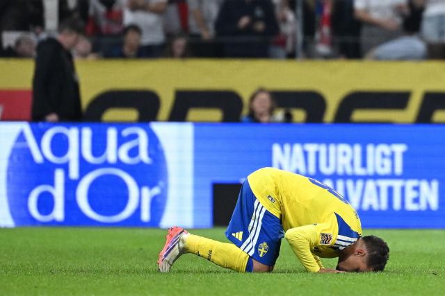 Sweden's midfielder #18 Yasin Abbas Ayari reacts after scoring the 2-1 goal during the UEFA Nations League Group B4 between Sweden and Poland at the Strawberry Arena in Solna on September 28, 2026. (Photo by Jonathan Nackstrand / AFP)
