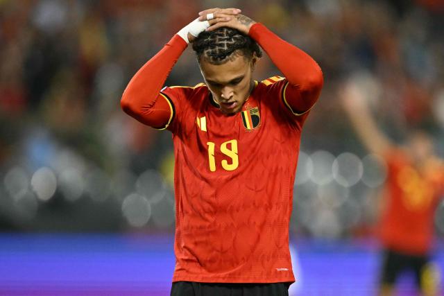 Belgium's midfielder #19 Diego Moreira reacts during the UEFA Nations League Group A1 football match between Belgium and France at King Baudouin Stadium in Brussels on September 28, 2026. (Photo by NICOLAS TUCAT / AFP)