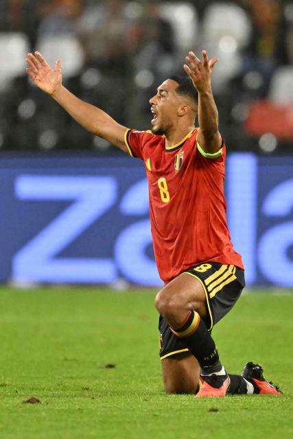 Belgium's midfielder #08 Youri Tielemans reacts during the UEFA Nations League Group A1 football match between Belgium and France at King Baudouin Stadium in Brussels on September 28, 2026. (Photo by NICOLAS TUCAT / AFP)