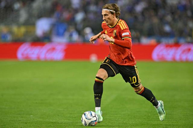 Belgium's forward #10 Mika Godts runs with the ball during the UEFA Nations League Group A1 football match between Belgium and France at King Baudouin Stadium in Brussels on September 28, 2026. (Photo by NICOLAS TUCAT / AFP)