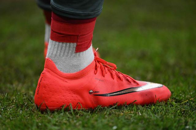 A detail of Poland's forward #09 Robert Lewandowski#s shoe as he warms up on the sideline during the UEFA Nations League Group B4 between Sweden and Poland at the Strawberry Arena in Solna on September 28, 2026. (Photo by Jonathan Nackstrand / AFP)